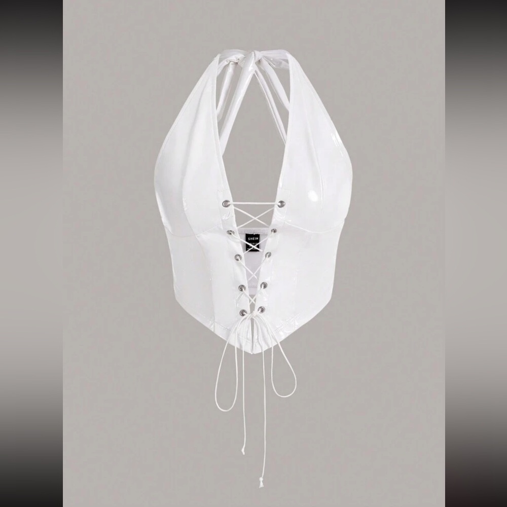 White leather tie v cut halter top